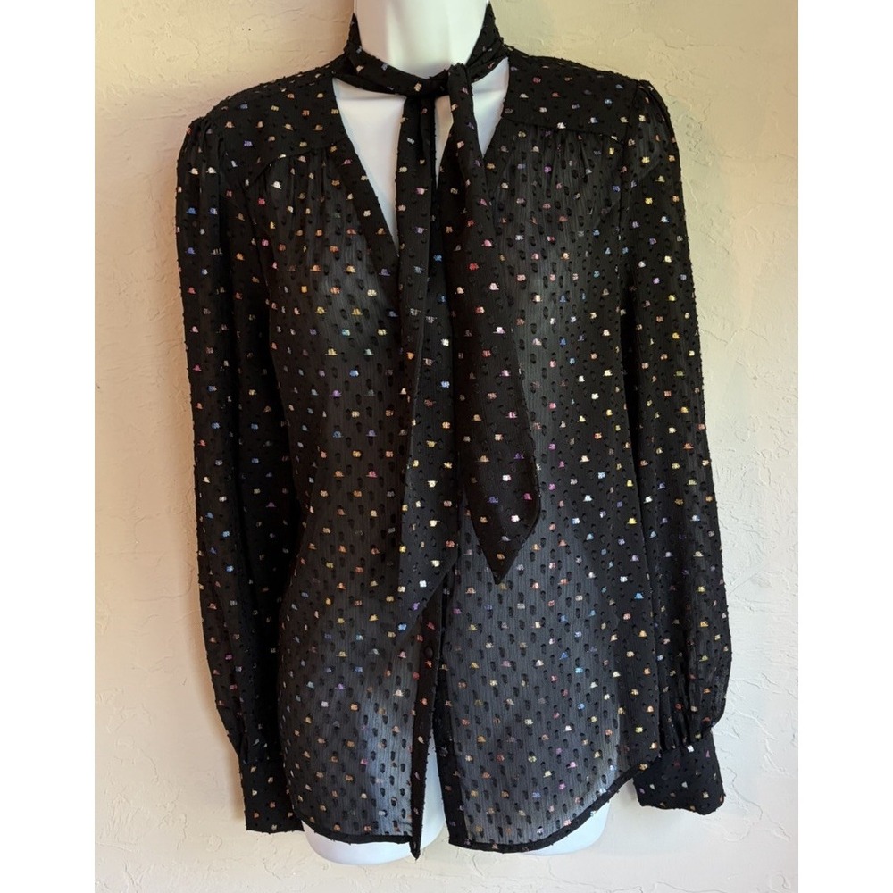 Paige Cleobelle Sheer Rainbow Tie Neck Blouse S Metallic Retro Glam Romantic Top